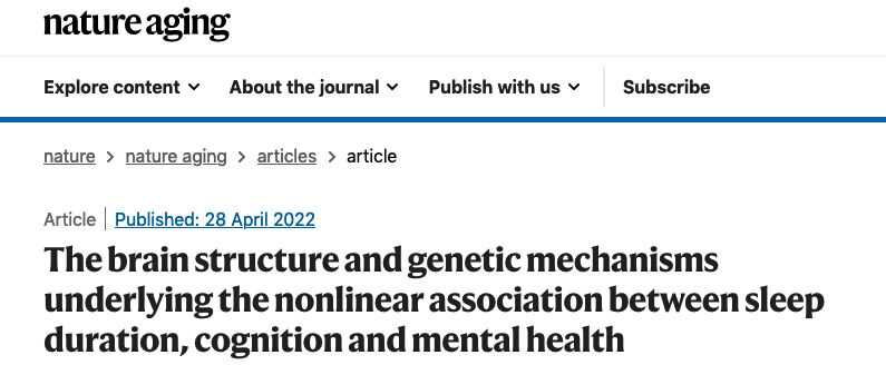 Screenshot of the publication of the article about the study "Optimum Sleep Duration" on nature aging